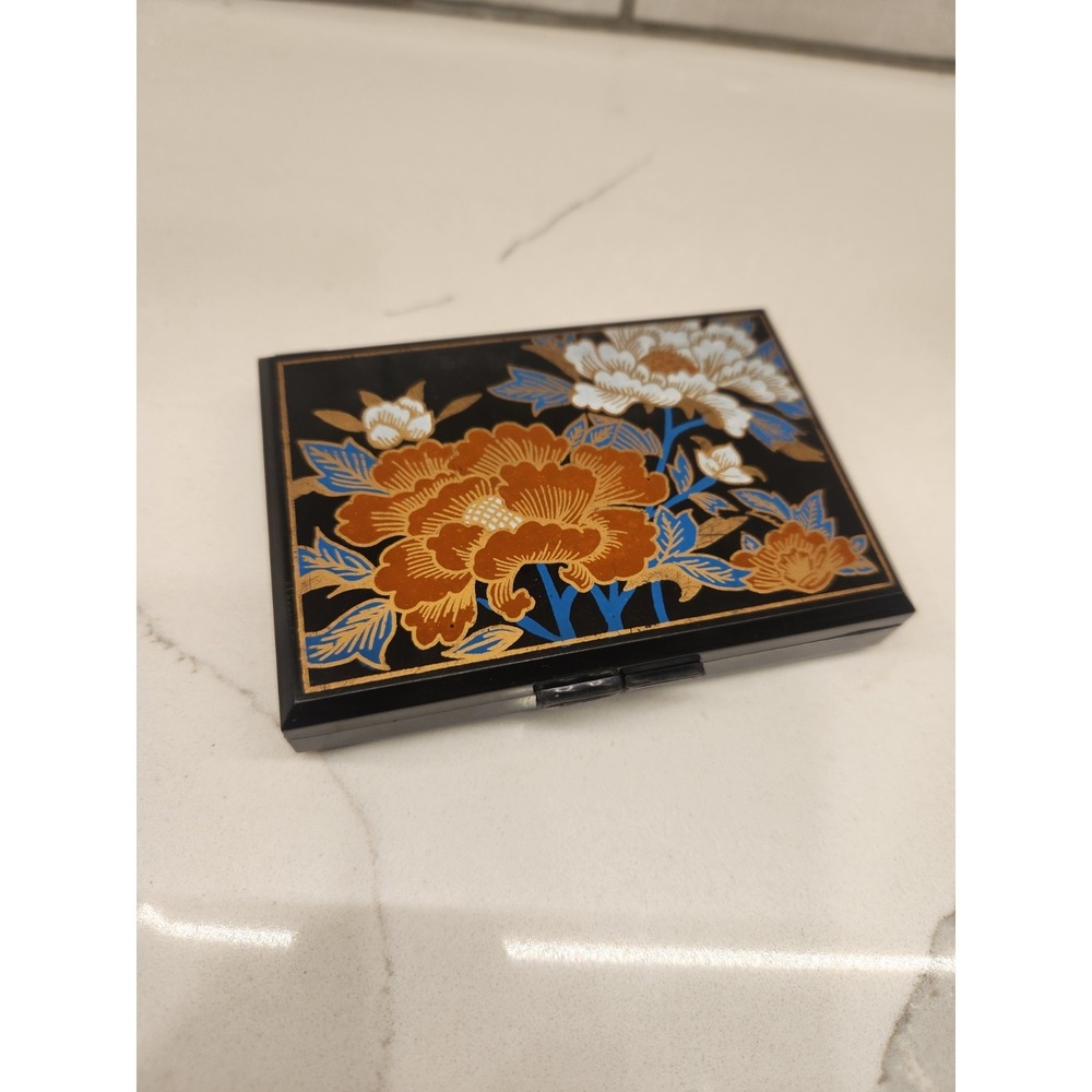 Vintage Hard Plastic Brown Travel Tissue Box Mirrored Multi Floral Oriental - Picture 2 of 11